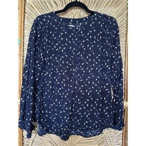 LOFT Outlet Cat Print Blouse | Women’s M Navy Rayon Button Front Cottagecore Top